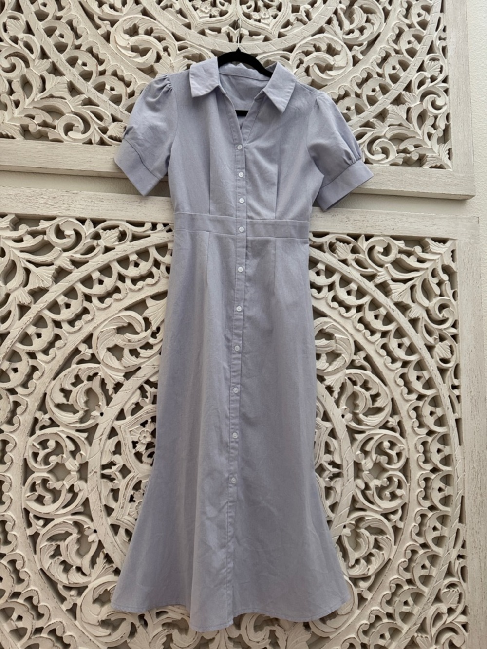 Tailored Light Blue Midi Shirt Dress with Button Front